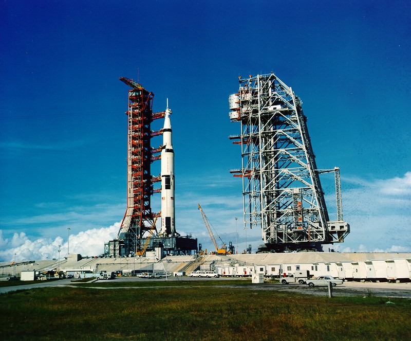 The Saturn rocket at Cape Kennedy with Apollo 11 capsule on top.