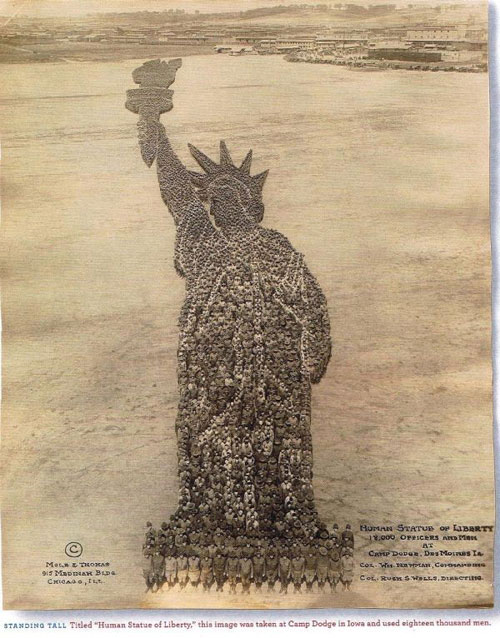 18,000 Iowa National Guardsman were used to create this famous photograph of a quarter-mile tall interpretation of the Statue of Liberty.