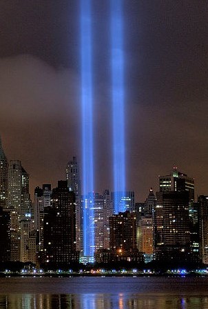 Memorial lights mark where the Twin Towers once stood.