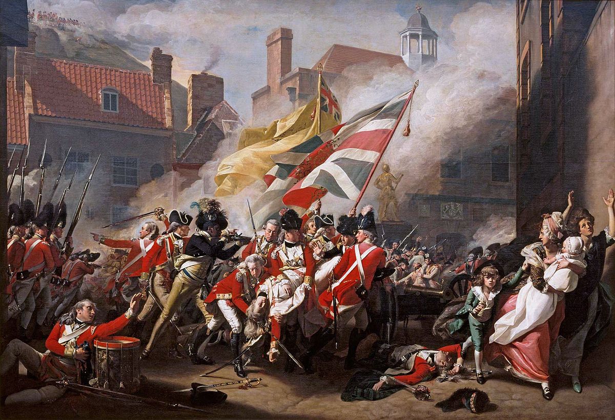 The heroic canvas depicts a passage in Britain’s American War that falls outside the standard narrative of the American Revolution: a battle that took place in an obscure corner of Europe, that featured no North American combatants, and that ended in British victory.