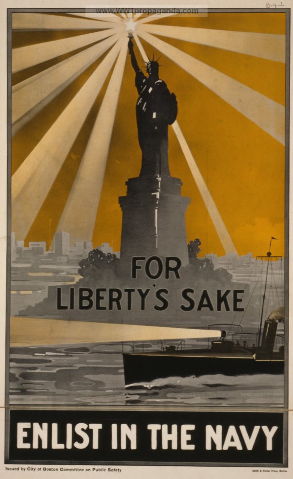 Navy recruitment poster in World War I featured a patrol boat passing in front of a prominent Lady Liberty, torch beaming across the sky.