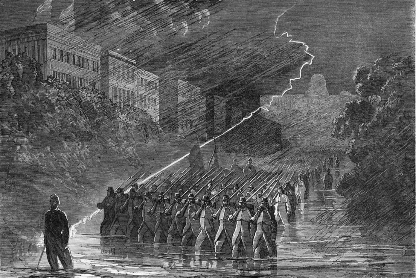 Julia Ward Howe and her group of Boston dignitaries visited with troops from the Massachusetts 14th Regiment, show in a Harper's Weekly engraving marching down Pennsylvania Avenue in a lightning storm.