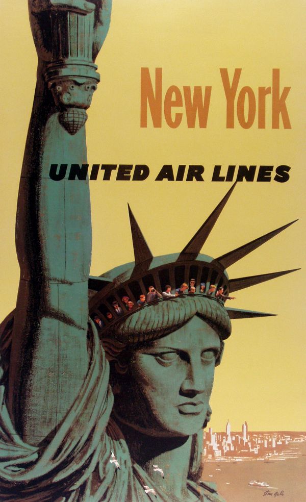 Artist Stan Galli create a "Jet Age" tourism poster of the Statue of Liberty for United Airlines in 1960.
