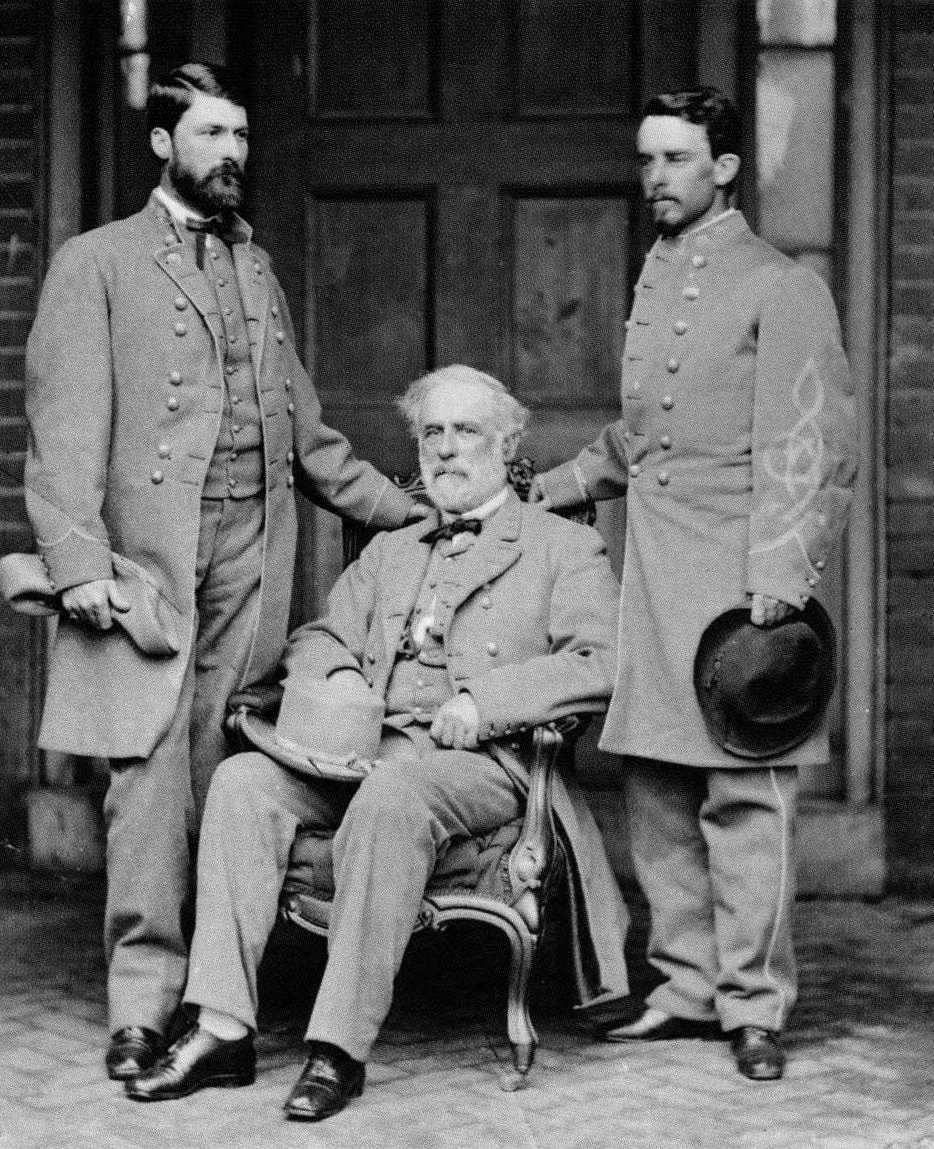 During the war Lee’s eldest son, George Washington Custis Lee (above, at left, with his father and Col. Walter Taylor) rose to the rank of Major General, serving most of the war as aide to Confederate President, Jefferson Davis, in Richmond, a position that enabled him to look after the family.