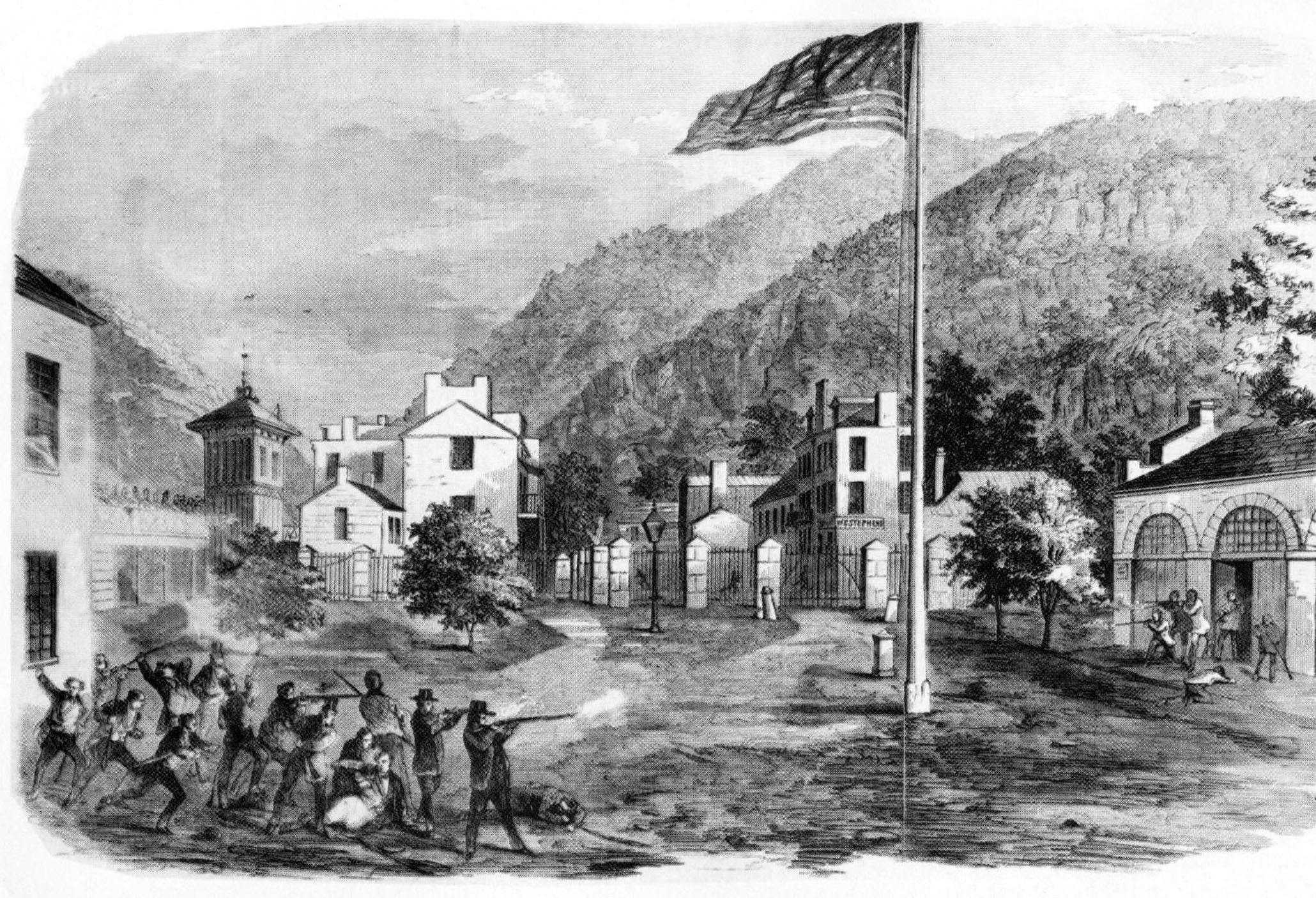 In October 1859, Secretary of War John B. Floyd ordered Lee to Harper’s Ferry, West Virginia (above), with several companies of artillery and a detachment of marines to quell a bloody insurrection masterminded by abolitionist John Brown. 