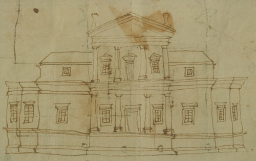Jefferson drew his first known drawing of Monticello in 1769-1770. The design and its siting paid homage to the Italian architect Palladio. Jefferson would continue to work on the home for the rest of his life. Ink on paper. Courtesy of Thomas Jefferson Foundation.