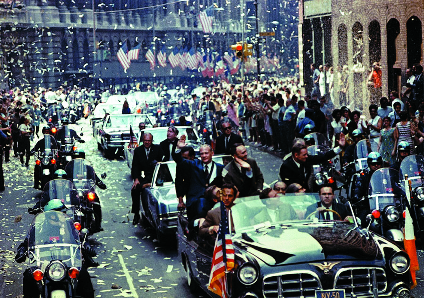 The famous ticker tape parade held in New York City for the Apollo 11 crew.