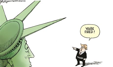 Trump utters his famous line to Lady Liberty and her huddled masses.