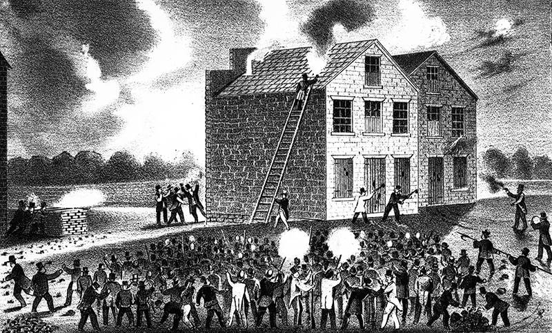 The mob attacking the warehouse of Godfrey Gilman & Co., Alton, Ill., on the night of the 7th of November, 1837, at the time Lovejoy was murdered and his press destroyed.