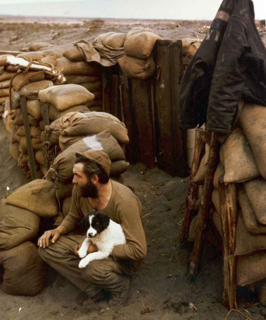 A sailor and his dog at a U.S Navy salvage depot on Anzio beachhead, 15 April 1944, Naval History