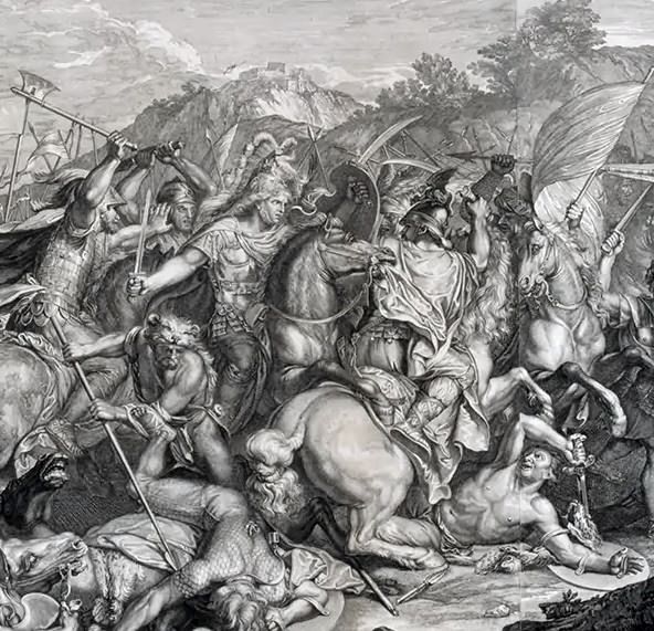 Washington read books by and about military leaders such as Caesar and Alexander the Great. His collection of prints included a 1720 engraving of Alexander (center) in the thick of the battle of Granicus River.  Detail, Mount Vernon.