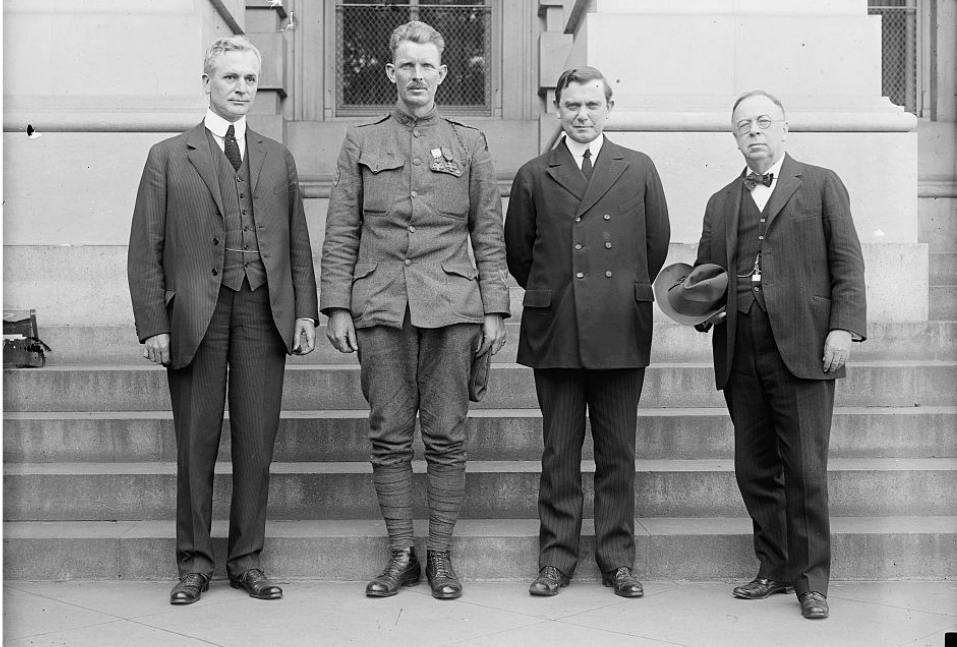 Sgt. York was feted with a parade in New York and meetings with Congress. Above, he poses with Rep. Representative Cordell Hull, Sergeant Alvin C. York, Senator Kenneth McKellar, and Senator George E. Chamberlain