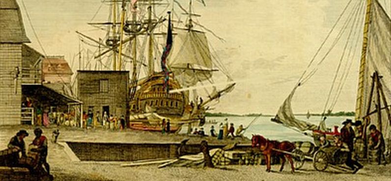 The first cases in the in Philadelphia yellow fever epidemic of 1793 were identified at the Arch Street wharf near Water Street, shown in an 1800 engraving by William Birch.