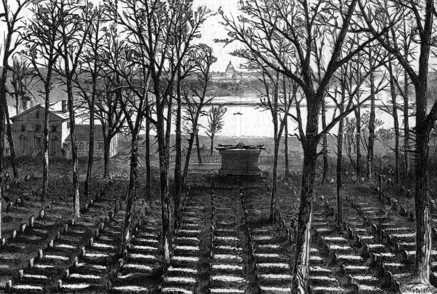 Partially in anger against his former friend’s decision to fight for the South, Quartermaster General Montgomery C. Meigs ordered thousands of Union dead buried at Arlington House, personally selecting the site behind Mrs. Custis’s gardens for a mass grave of unknown soldiers (above).