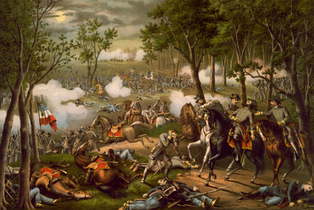 Holmes was wounded a fourth time at Chancellorsville, a bloody Civil War battle with 30,000 casualties. A somewhat fanciful engraving of the battle by Kurz and Allison depicts the fatal wounding of Confederate Gen. Stonewall Jackson on May 2, 1863.