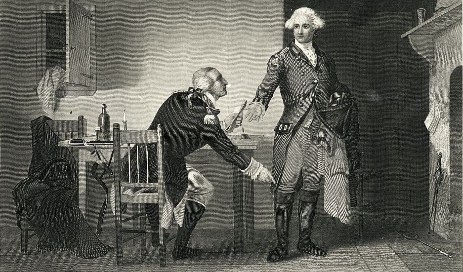 Benedict Arnold (left) hands the drawings of West Point to Major Andre, British spy and aide to Gen. Clinton.