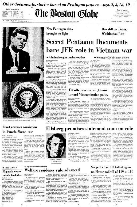 The Boston Globe followed the New York Times and Washington Post as the third newspaper to publish portions of the classified Pentagon Papers in June 1971.