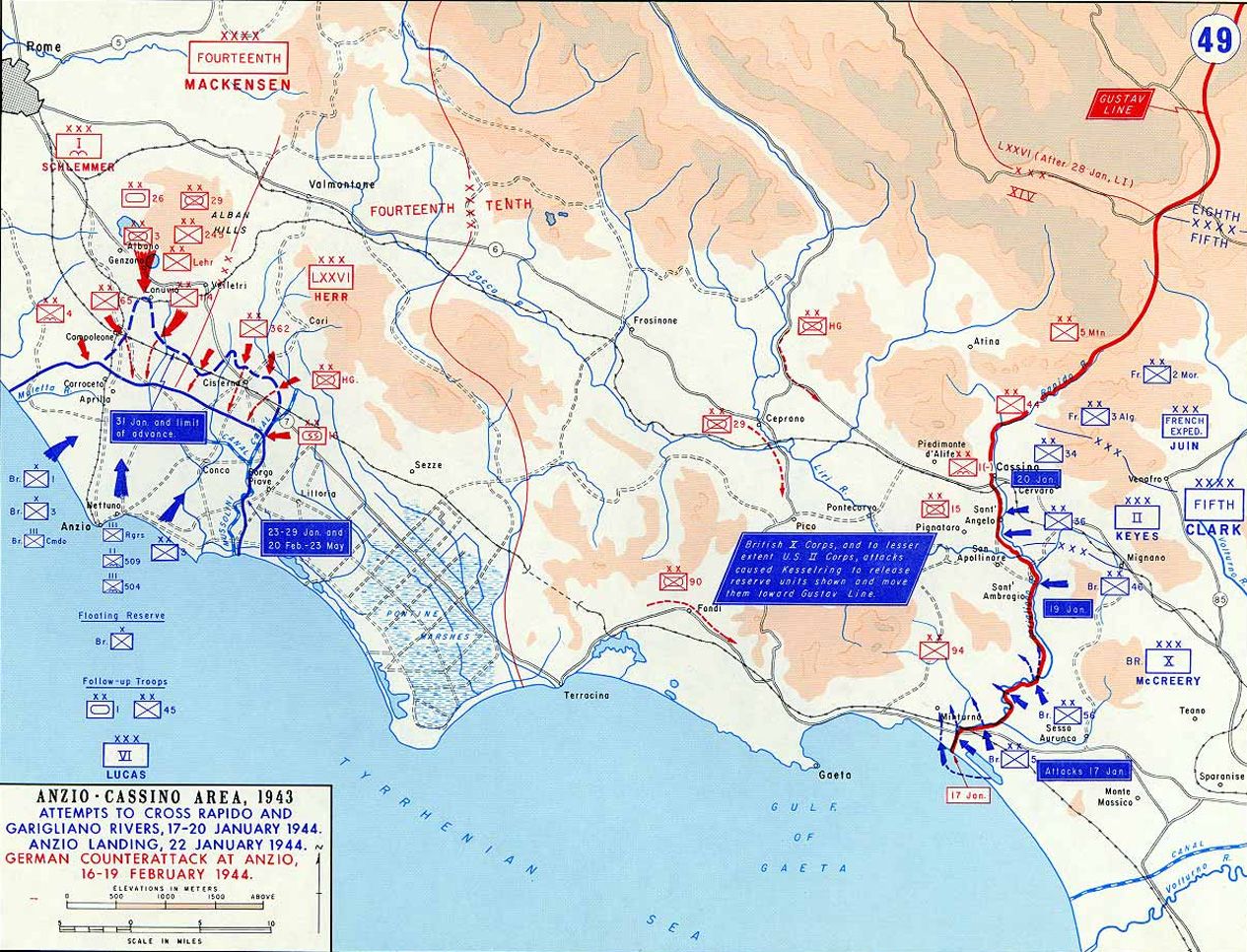 Early in 1943 the Allies landed at Anzio, well north of the Gustav Line where the Germans were blocking the Allied push north. But they were surrounded for months until breaking through as the Normandy invasion was beginning.