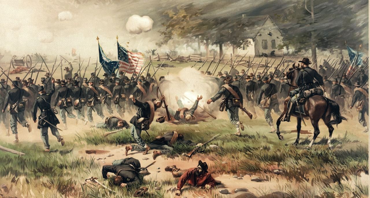 An 1887 painting by Thure de Thulstrup depicted the charge of Union troops towards the white Dunker Church at the center of the Antietam battlefield. Library of Congress.
