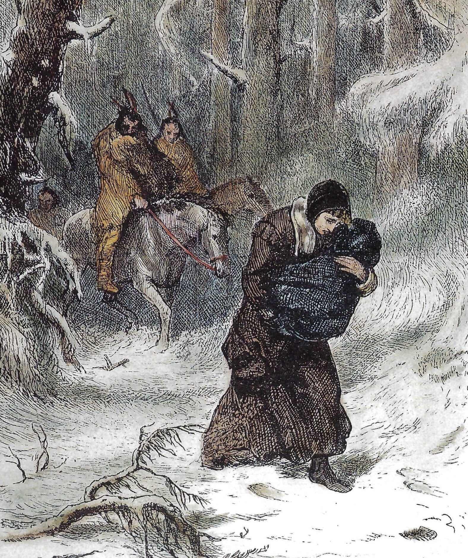 Wounded, starving, but still strong, Mary Rowlandson carried her six-year-old daughter, Sarah, above, for the first nine days of the march before the child died.