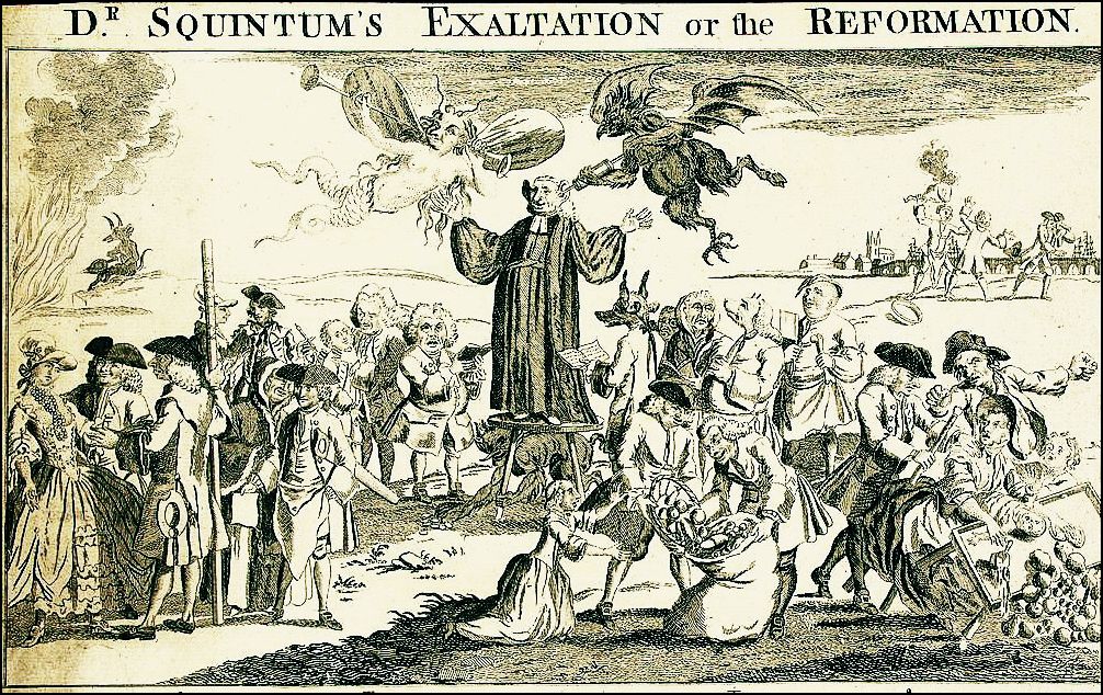 Traditional believers accused evangelicals of distorting the gospel in terms that still echo today. An 18th Century cartoon of Rev. George Whitefield shows an imp pouring inspiration into the preacher's ear while an evil female spirit listens on the other side and the Devil rakes in money below the podium. The wild accusation was that, like revivalists today, "Dr. Squintum" was interested in sex and money. (Library of Congress)