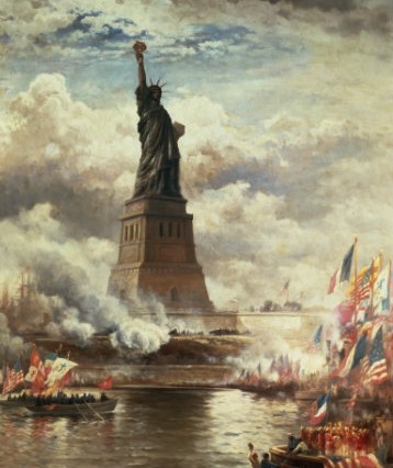 Thomas Moran created a dramatic painting of the inauguration of Liberty Enlightening the World in 1886.