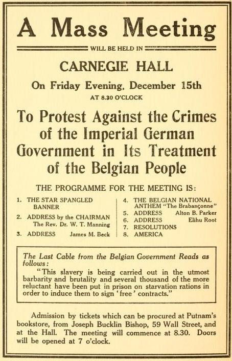 Meetings were organized around the U.S. to protest the German treatment of the Belgians.