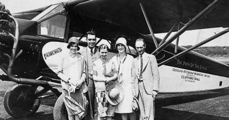 In better days before the war, Pyle (right) wrote columns about aviation and was photographed with his wife Jerry (center). She had serious emotional problems during Pyle's absence during the war. Indiana University Library.