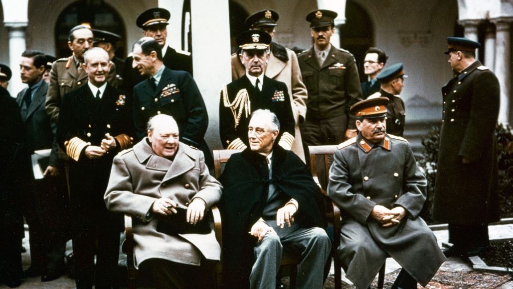 At the Yalta Conference in Crimea in Febrary, 1945, FDR posed in the courtyard of Livadia Palace with Prime Minister Winston Churchill and USSR Premier Josef Stalin. Naval History and Heritage.