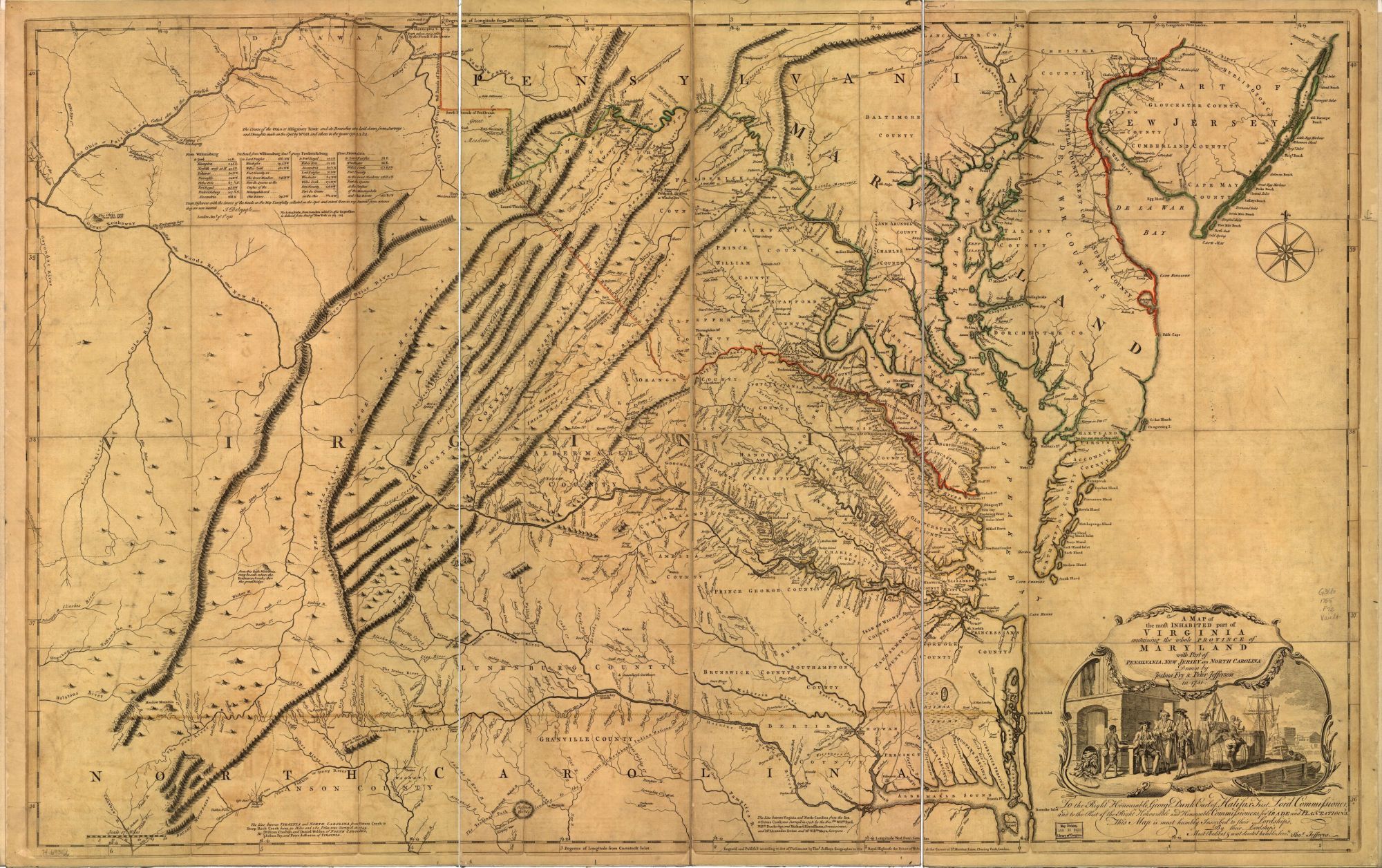 The researchers were stunned when the Duke handed them a map of Virginia from 1751. They instantly realized it was one of only three copies in existence of the most famous map of Virigina, surveyed and drawn by Roger Fry and Peter Jefferson, the father of Thomas Jefferson. A later edition of the map (above) is held by the Library of Congress.