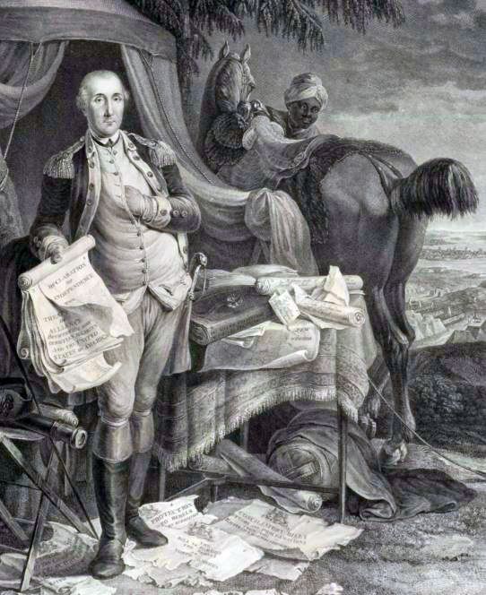 A French engraving of General George Washington shows him with books on the table by his tent.