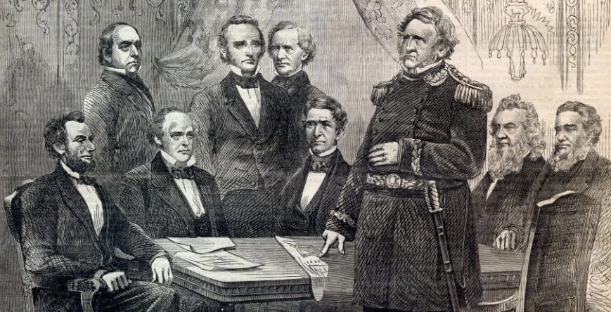 Gen. Winfield Scott urged the Cabinet to surrender Fort Sumter. Only Postmaster General Montgomery Blair (fourth from left) supported Lincoln's decision to stand firm in the face of secession threats.
