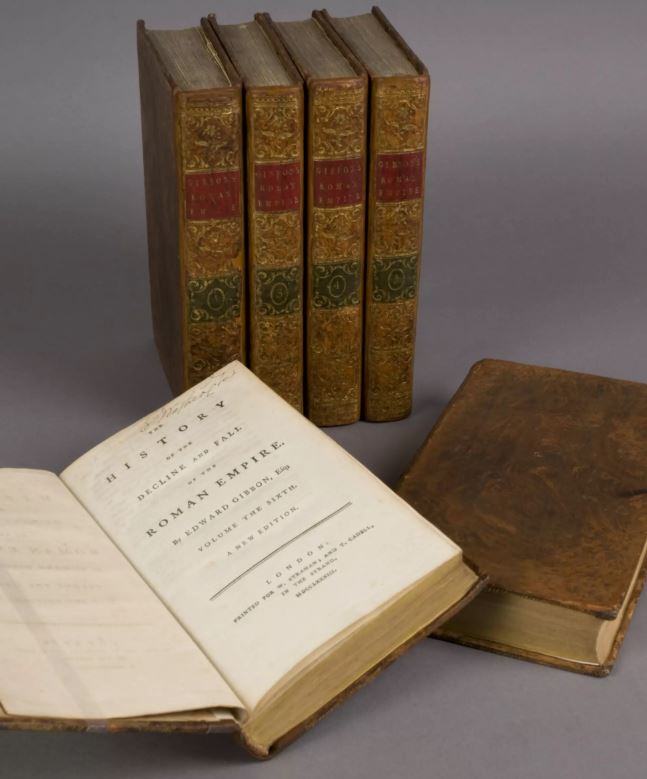 George Washington amassed a significant library of books over his lifetime, including Edward Gibbon's History of the Decline and Fall of the Roman Empire.  Courtesy of Mount Vernon.