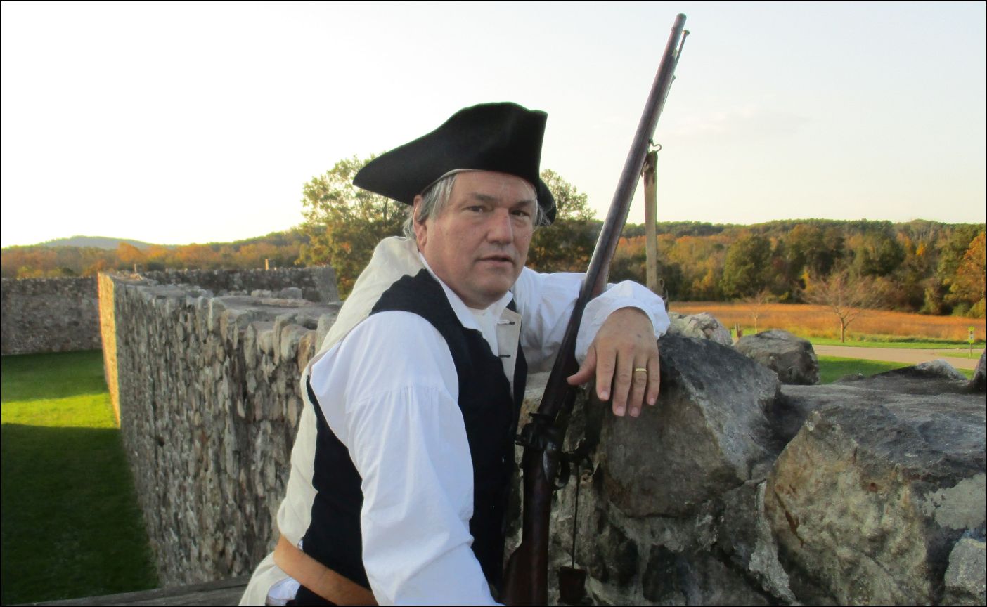 American Heritage editor Edwin Grosvenor stands guard at Fort Frederick. He was pleased to report that not a single attack was recorded that weekend from French and Indian intruders.