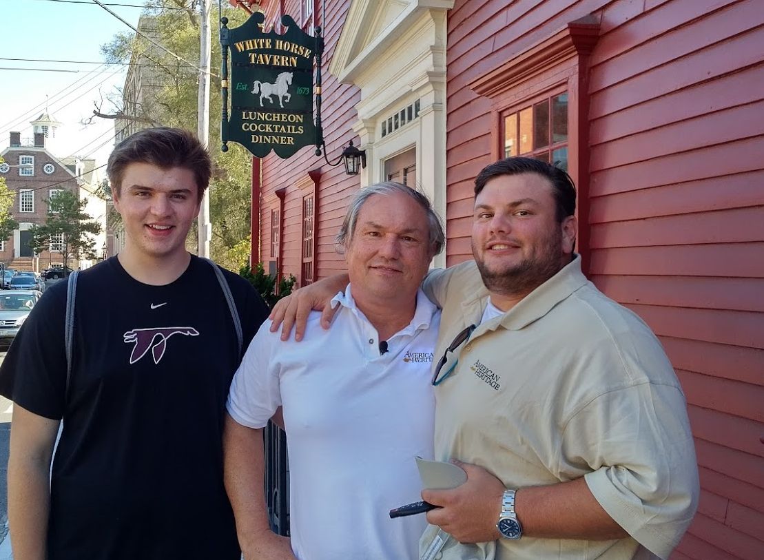 American Heritage editor Edwin Grosvenor and his two sons explore the White House Tavern in Newport, Rhode Island.