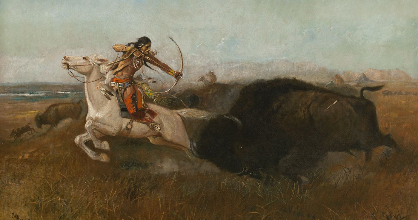 Charles Russell captured both the locomotive-like power of the buffalo and the skill of the Indian hunter in Charles Russell. Sid Richardson