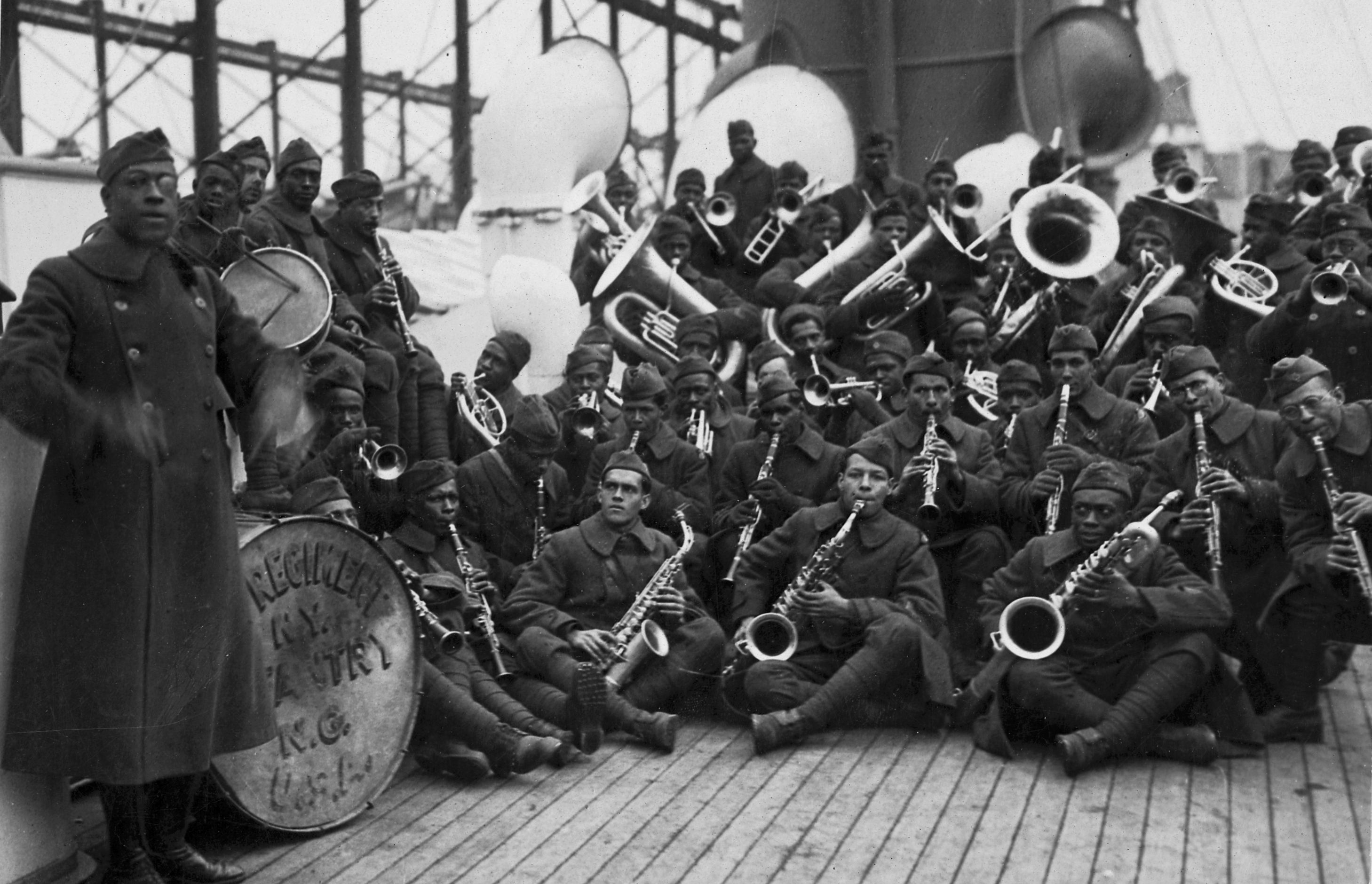 James Europe's jazz band with the 369th Infantry Regiment (the "Black Rattlers") returns from Europe on the SS Stockholm. The New York regiment, composed mostly of black and Puerto Rican soldiers, was the first African-American regiment to serve in World War I. National Archives.