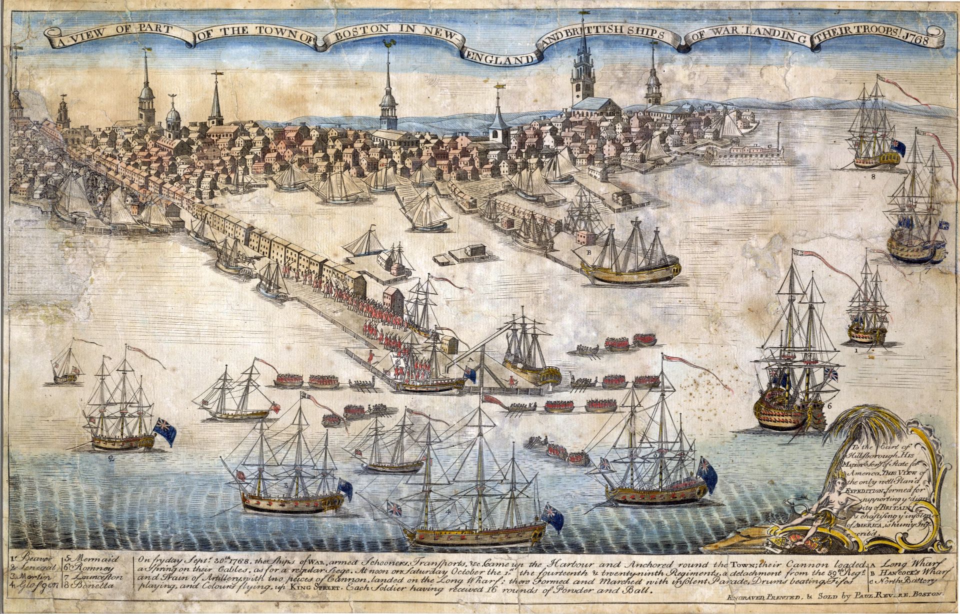 Paul Revere also published an engraving of the British troops landing in Boston harbor in 1768, a traumatic event for many inhabitants of the city.