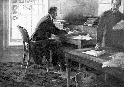 Lincoln frequently worked at the War Department with Stanton, reading and sending telegrams to generals in the field.