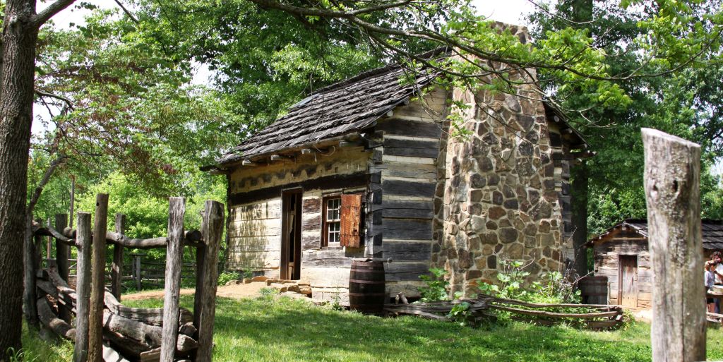The log cabin at the Lincoln Boyhood National Memorial in on the farm site where Lincoln grew up in Spencer County, Indiana.