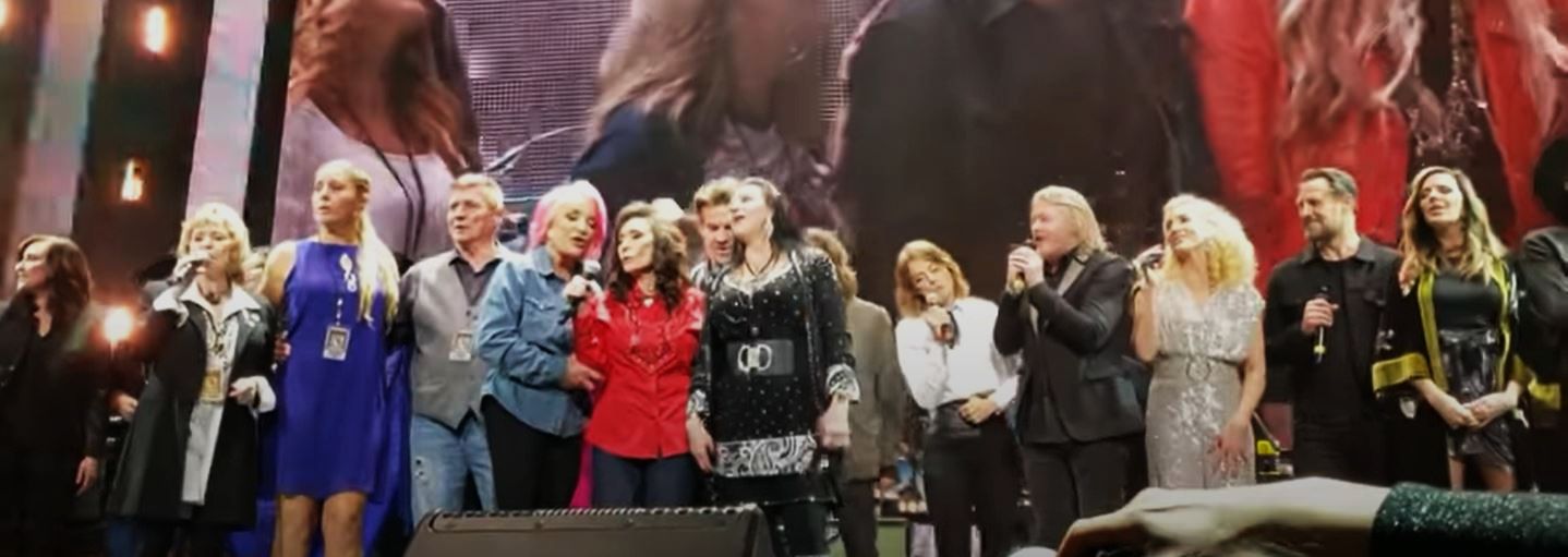After recovering from a stroke and hip operation, Loretta returned to the Grand Old Opry in 2019 for her birthday, when she sang "Coal Miner's Daughter" with a stage full of stars including Tanya Tucker and sister Crystal Gayle (on either side of Loretta in red), Garth Brooks, Brandi Carlile, Alan Jackson, Miranda Lambert, Martina McBride, Keith Urban, and Trisha Yearwood.