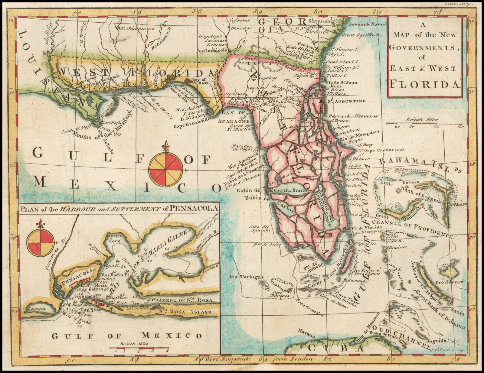 In 1763, Great Britain took control of Florida and divided the territory into East and West Florida. Although they understood their new possession poorly, as can be seen in this map pubklished in Gentleman's Magazine that year, the British initiated a survey of the area that created increased knowledge.  Royal efforts to populate the new colonies proved so successful that they refused to follow the Thirteen Colonies in rebelling against the King. Courtesy of Barry Lawrence Ruderman.