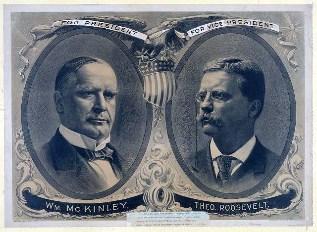 In 1900 McKinley was reelected President by a wide margin. After his first Vice President, Garret Hobart, died in 1899, the young governor of New York, Theodore Roosevelt was nominated to join McKinley on the ticket.