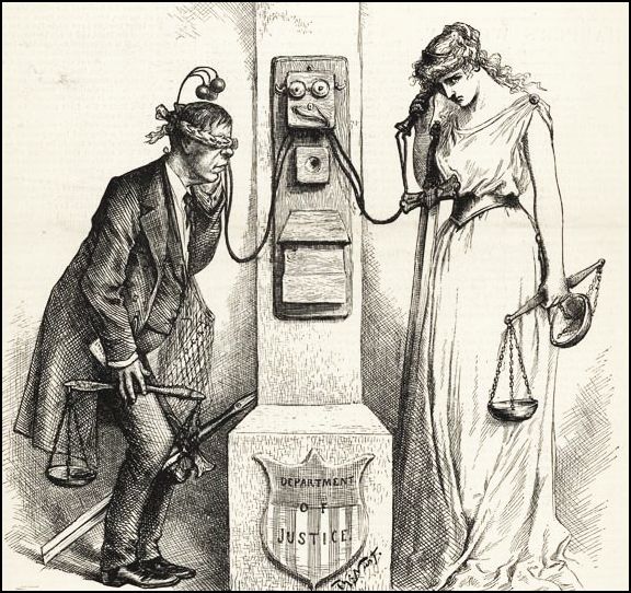 Thomas Nast drew numerous cartoons mocking Cleveland's Attorney General Augustus Garland after his Department of Justice brought suit to annul the Bell patents and it was revealed that Garland owned $500,000 worth of shares in a competing telephone company and would have become rich if Bell lost the patents. 