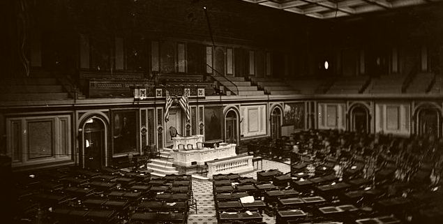 The earliest photograph of the House of Representatives shows how it appeared in 1861. Brady-Handy Collection, Library of Congress.