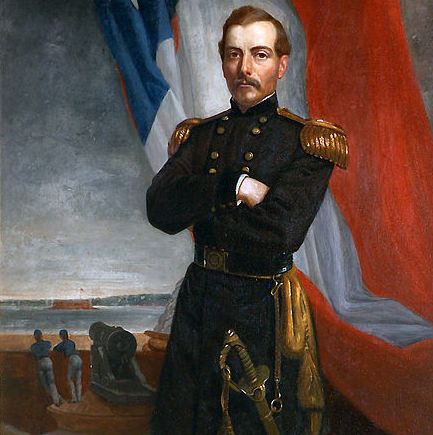 The portrait of Gen. P.T. Beauregard shows Confederate troops firing on Fort Sumter, starting the Civil War.