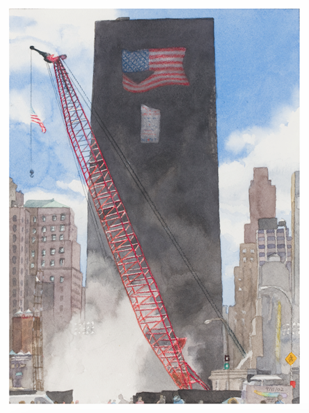 A watercolor by Todd Stone shows particulates still unsettled on September 11, 2002, a symbol of the "unsettled spirits." (Image courtesy of the artist)