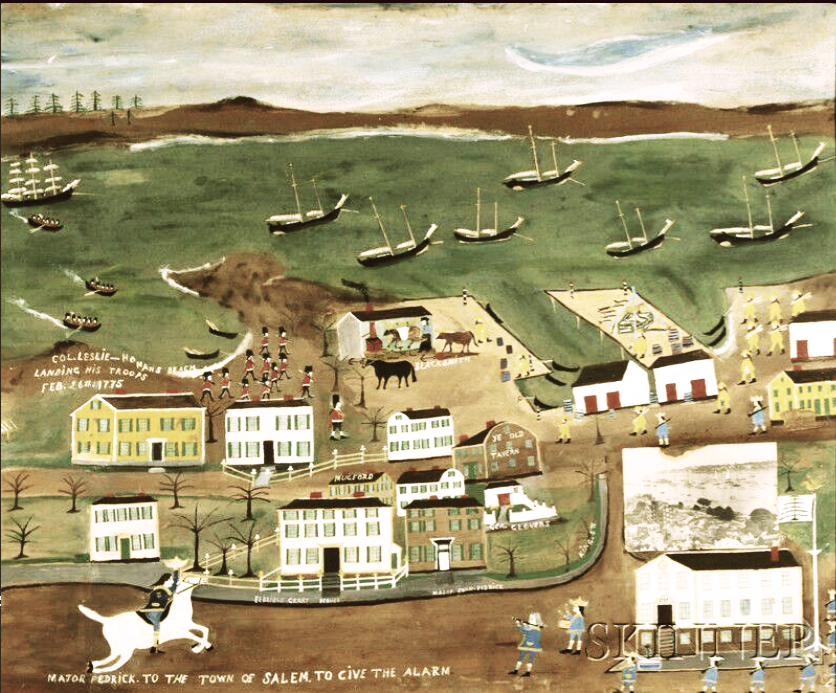 When the British landed in Marblehead in February 1775 to confiscate hidden weapons, the militia of Salem and Marblehead prevented their advance. Local artist J.O. Johnson painted the landing in the 1920s. Bonhams Skinner.