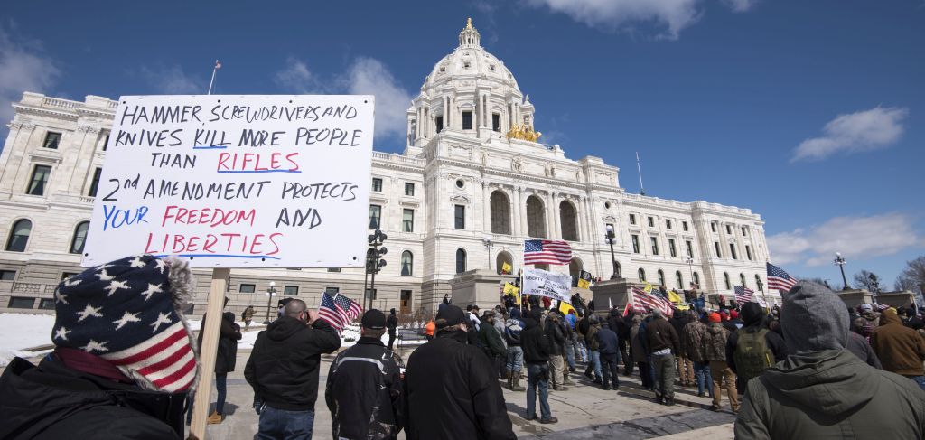 Gun rights supporters rally against gun control in front of the State Capitol in Minnesota. Photo by Fibonacci Blue.
