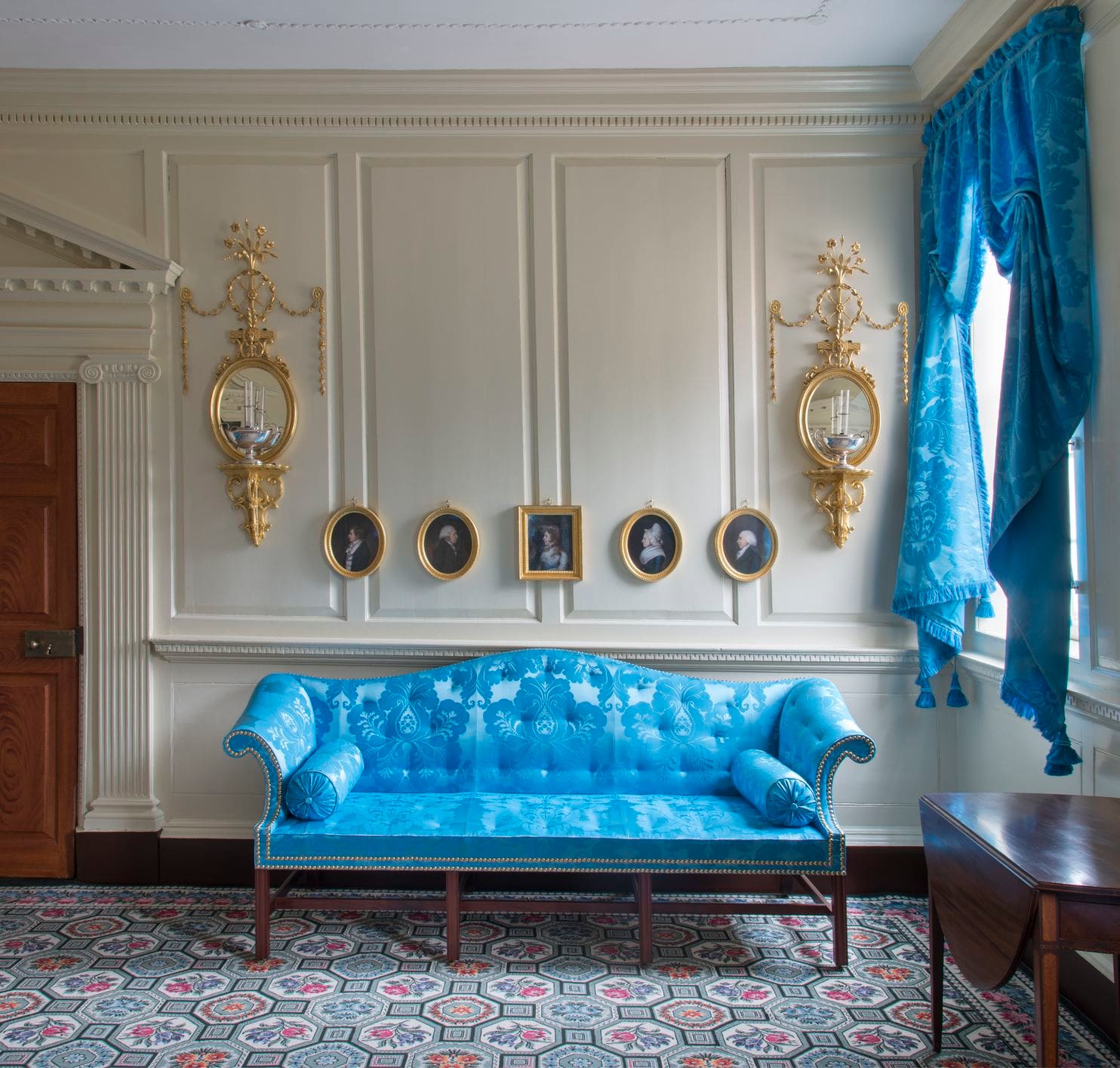 Where George met Sally?  In 1774, the Washingtons purchased a sofa and eight chairs covered with "Saxon blue" from their neighbors, Lord Fairfax and his beautiful wife Sally, who had been an early love interest of young Col. Washington.